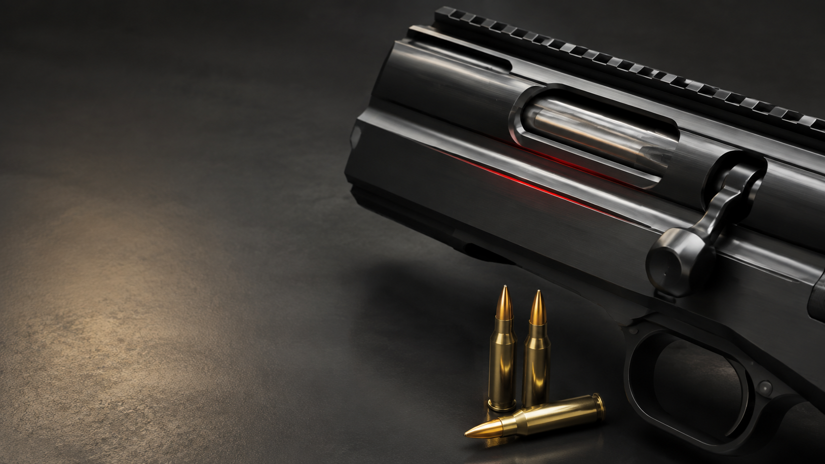 Premium close-up of precision firearm machining and brass ammunition